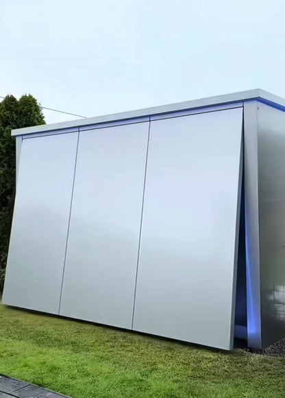 Deepblue Smarthouse Galvanized Steel Covered Outdoor Kitchen with 5-Burner Stainless Steel Grill, Refrigerator, Countertop, Storage, and Steel Roof for All-Season Outdoor Cooking