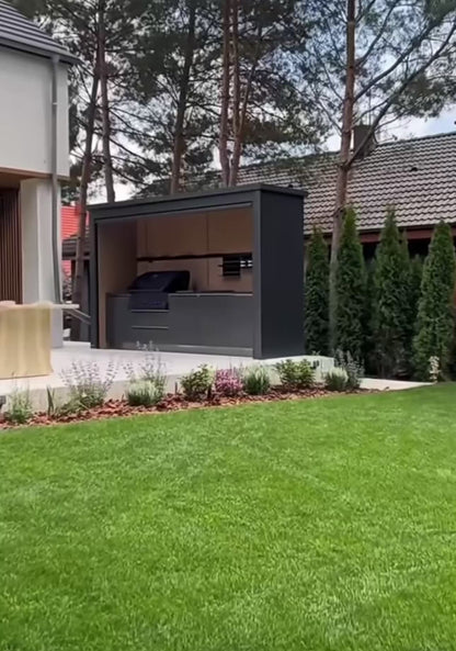 Deepblue Smarthouse Galvanized Steel Covered Outdoor Kitchen with 5-Burner Stainless Steel Grill, Refrigerator, Countertop, Storage, and Steel Roof for All-Season Outdoor Cooking