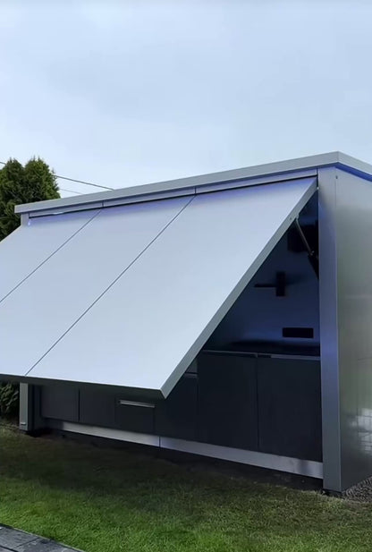 Deepblue Smarthouse Galvanized Steel Covered Outdoor Kitchen with 5-Burner Stainless Steel Grill, Refrigerator, Countertop, Storage, and Steel Roof for All-Season Outdoor Cooking